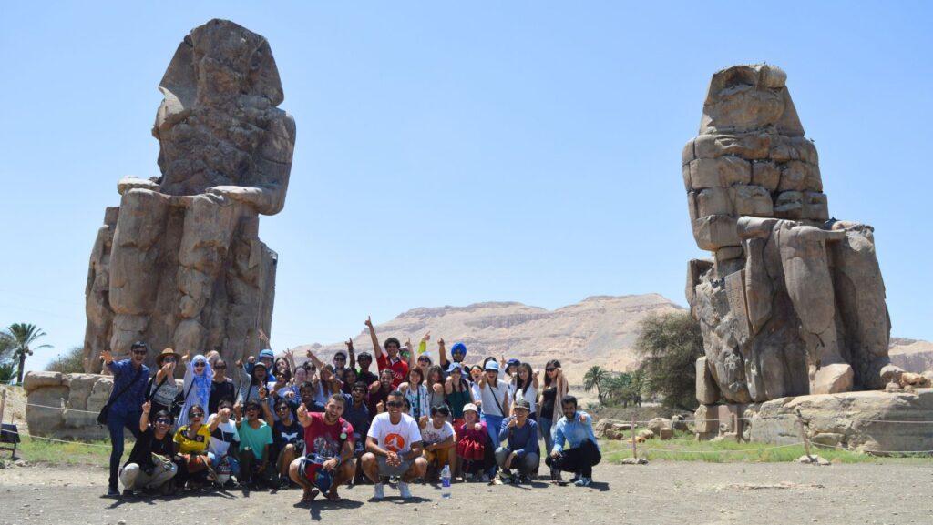 The Colossi of Memnon statues standing tall on Luxor's west bank